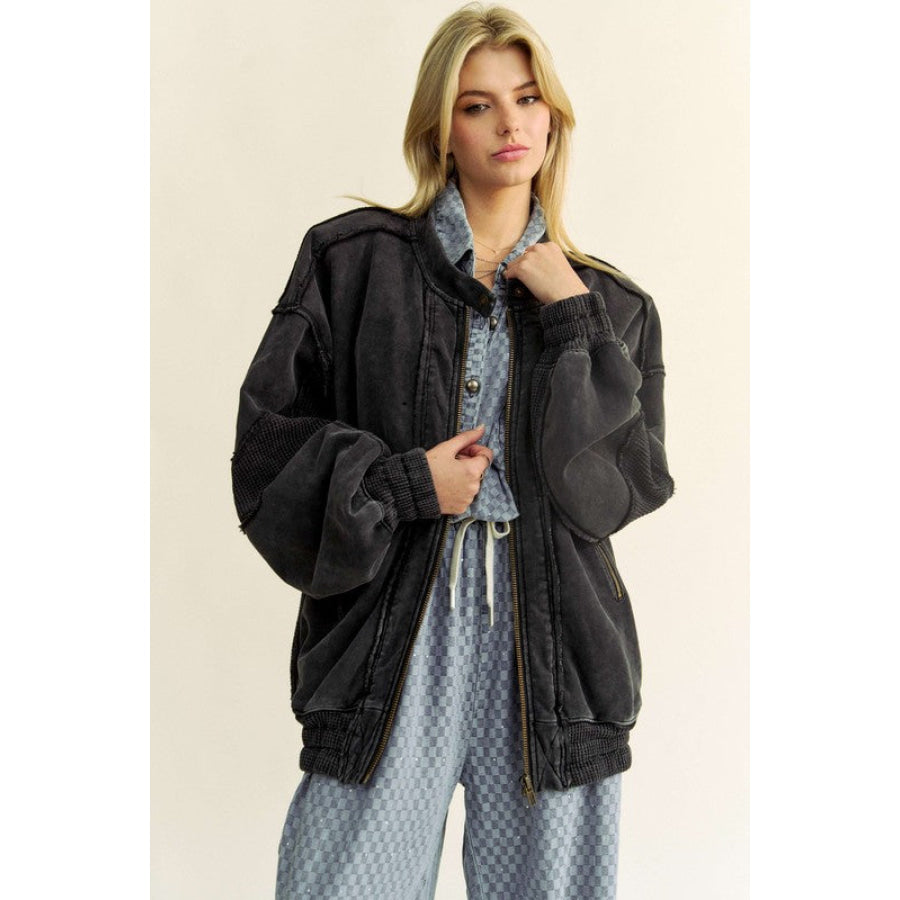 Davi &amp; Dani Exposed Seam Zip Up Dropped Shoulder Jacket Apparel and Accessories