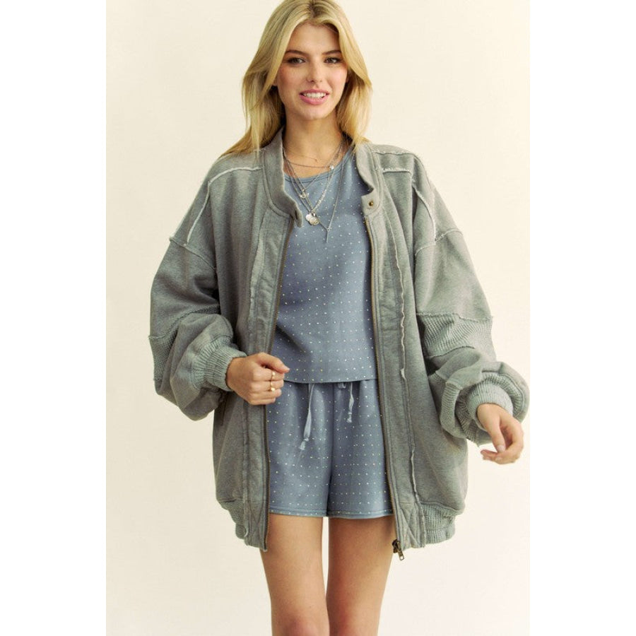 Davi & Dani Exposed Seam Zip Up Dropped Shoulder Jacket Apparel and Accessories