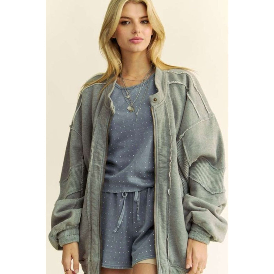 Davi & Dani Exposed Seam Zip Up Dropped Shoulder Jacket Grey / S Apparel and Accessories