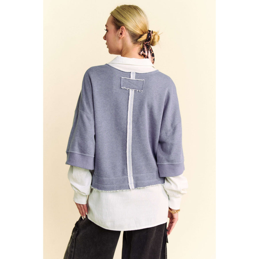 Davi & Dani Faux Layered French Terry Contrast Top Denim Blue / S Apparel and Accessories