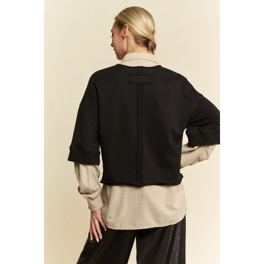 Davi & Dani Faux Layered French Terry Contrast Top Black / S Apparel and Accessories