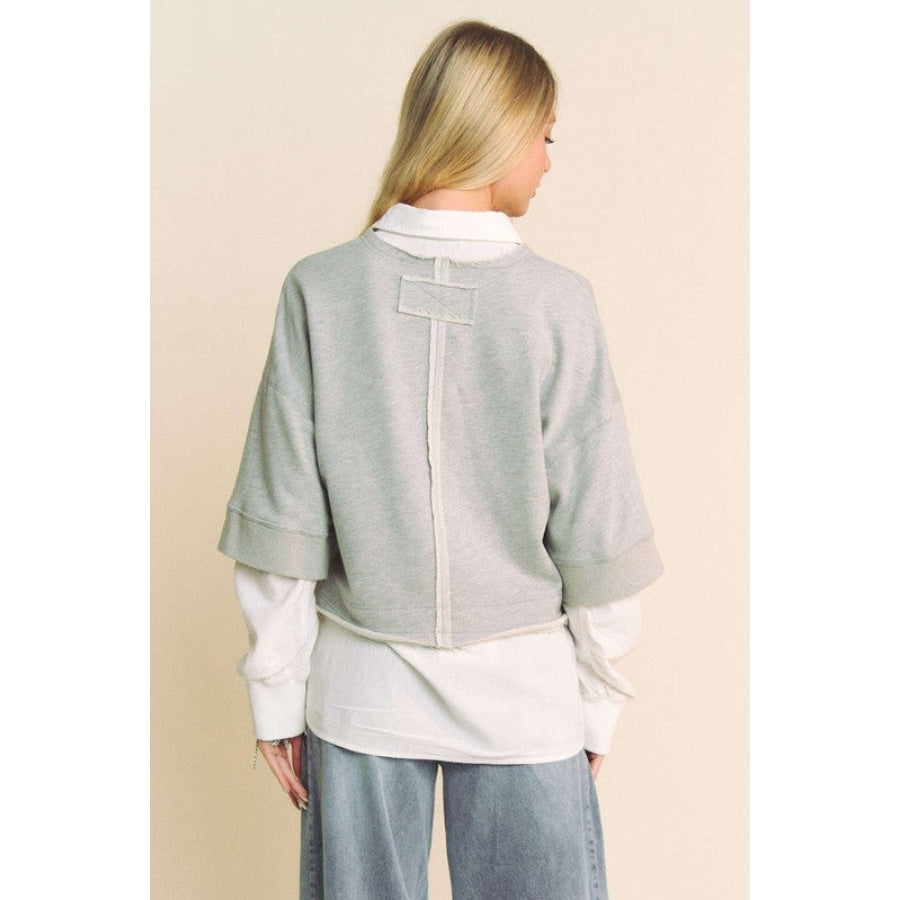 Davi & Dani Faux Layered French Terry Contrast Top HEATHER GREY / S Apparel and Accessories