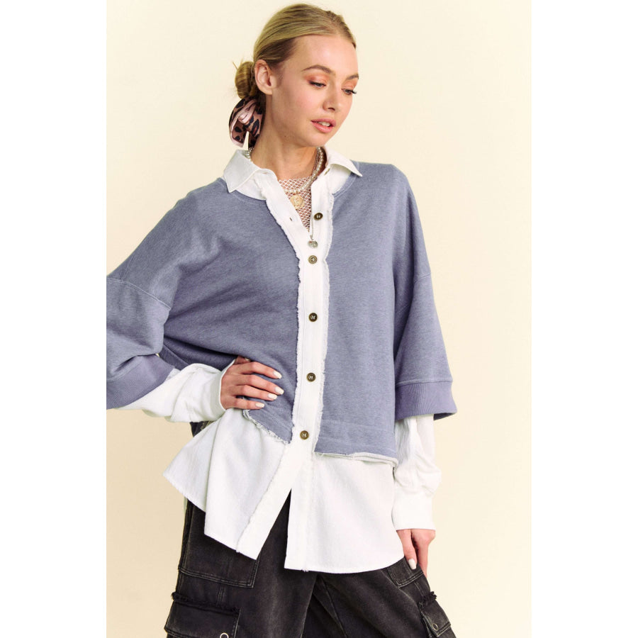 Davi &amp; Dani Faux Layered French Terry Contrast Top Denim Blue / S Apparel and Accessories