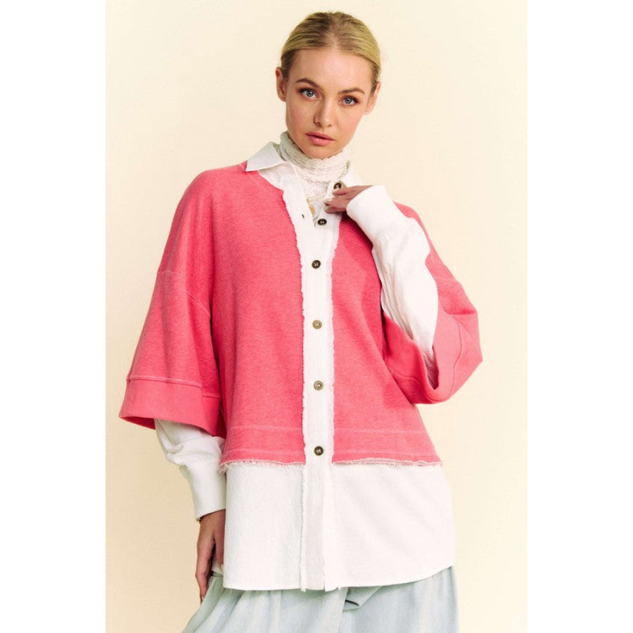 Davi & Dani Faux Layered French Terry Contrast Top Strawberry / S Apparel and Accessories