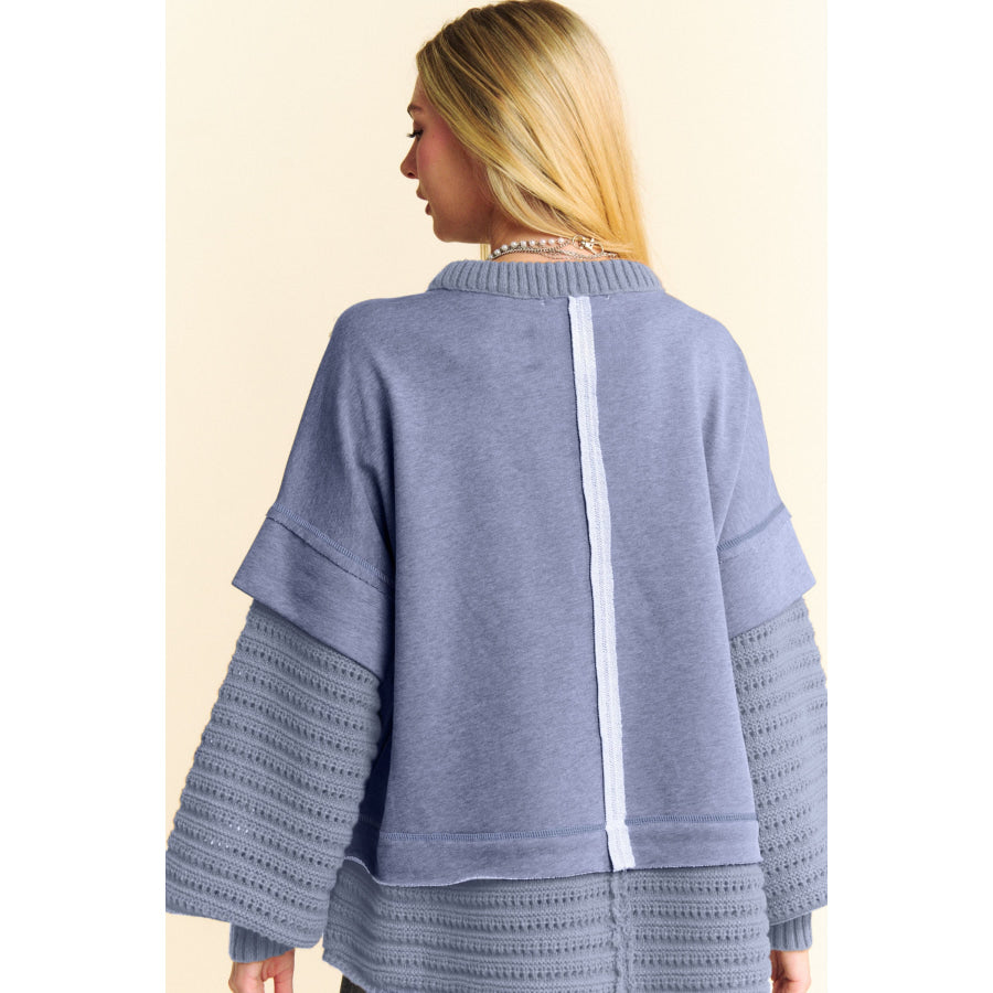 Davi & Dani Faux Layered Round Neck Sweater Dusty Blue / S Apparel and Accessories