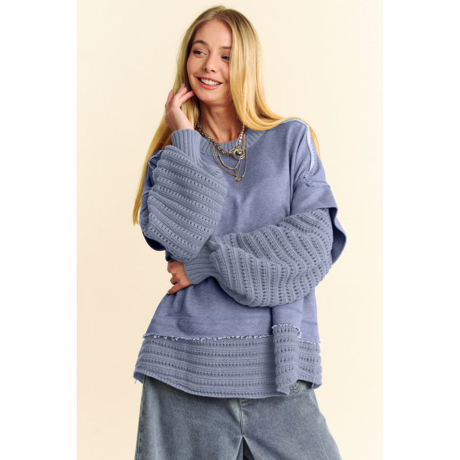 Davi &amp; Dani Faux Layered Round Neck Sweater Dusty Blue / S Apparel and Accessories