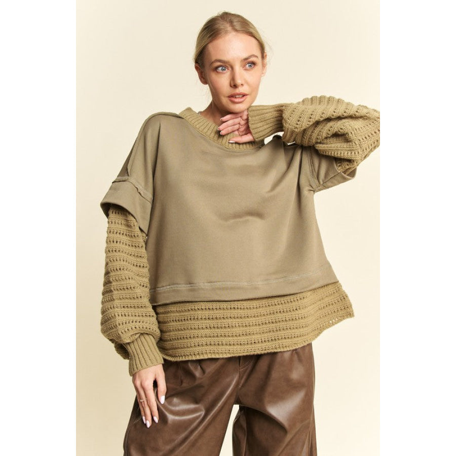 Davi &amp; Dani Faux Layered Round Neck Sweater Olive / S Apparel and Accessories