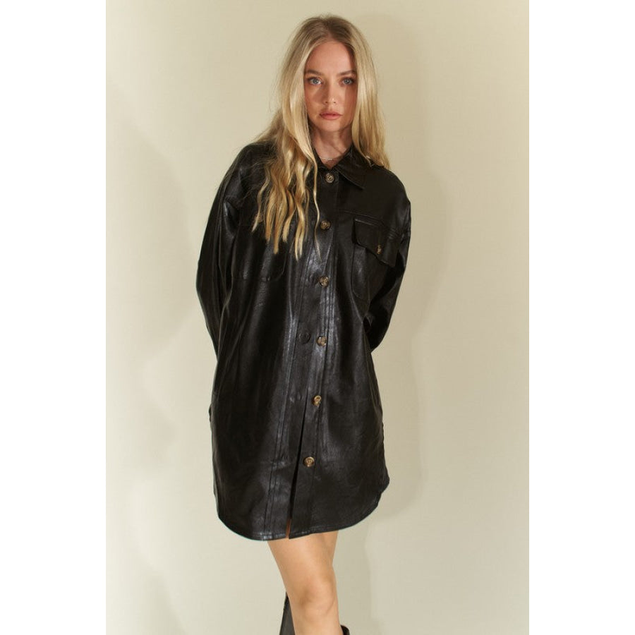 Davi &amp; Dani Faux Leather Button Up Jacket with Chest Pockets Apparel and Accessories