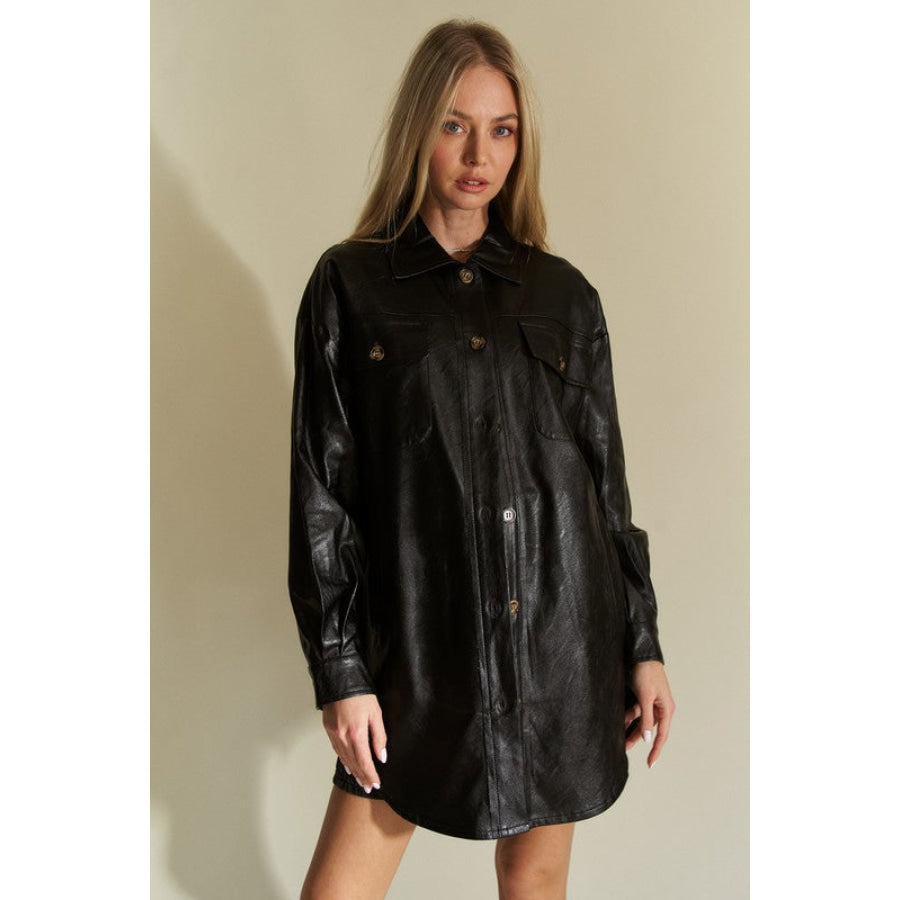 Davi &amp; Dani Faux Leather Button Up Jacket with Chest Pockets Apparel and Accessories