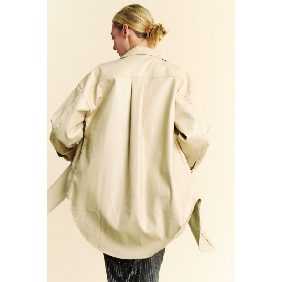 Davi & Dani Faux Leather Button Up Jacket with Chest Pockets BEIGE / S Apparel and Accessories