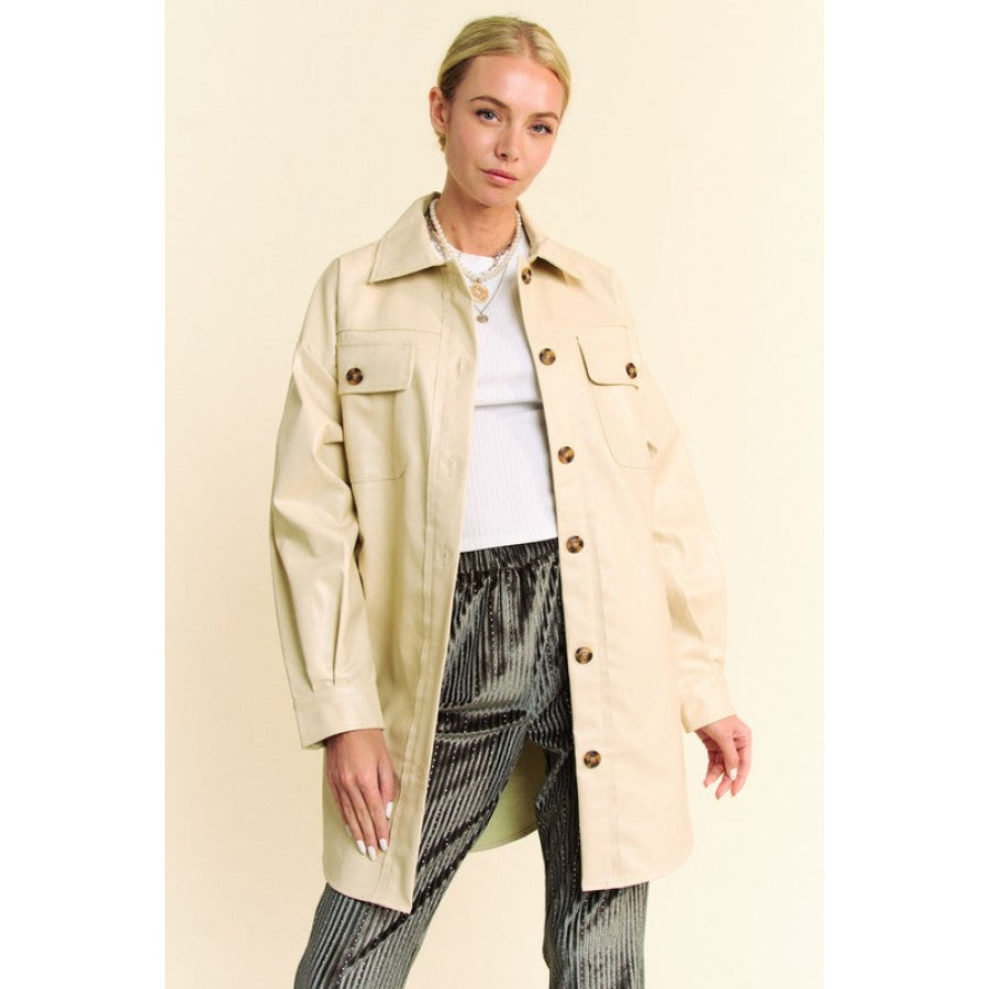 Davi &amp; Dani Faux Leather Button Up Jacket with Chest Pockets BEIGE / S Apparel and Accessories