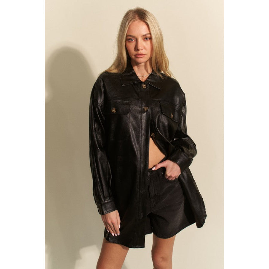 Davi &amp; Dani Faux Leather Button Up Jacket with Chest Pockets Black / S Apparel and Accessories