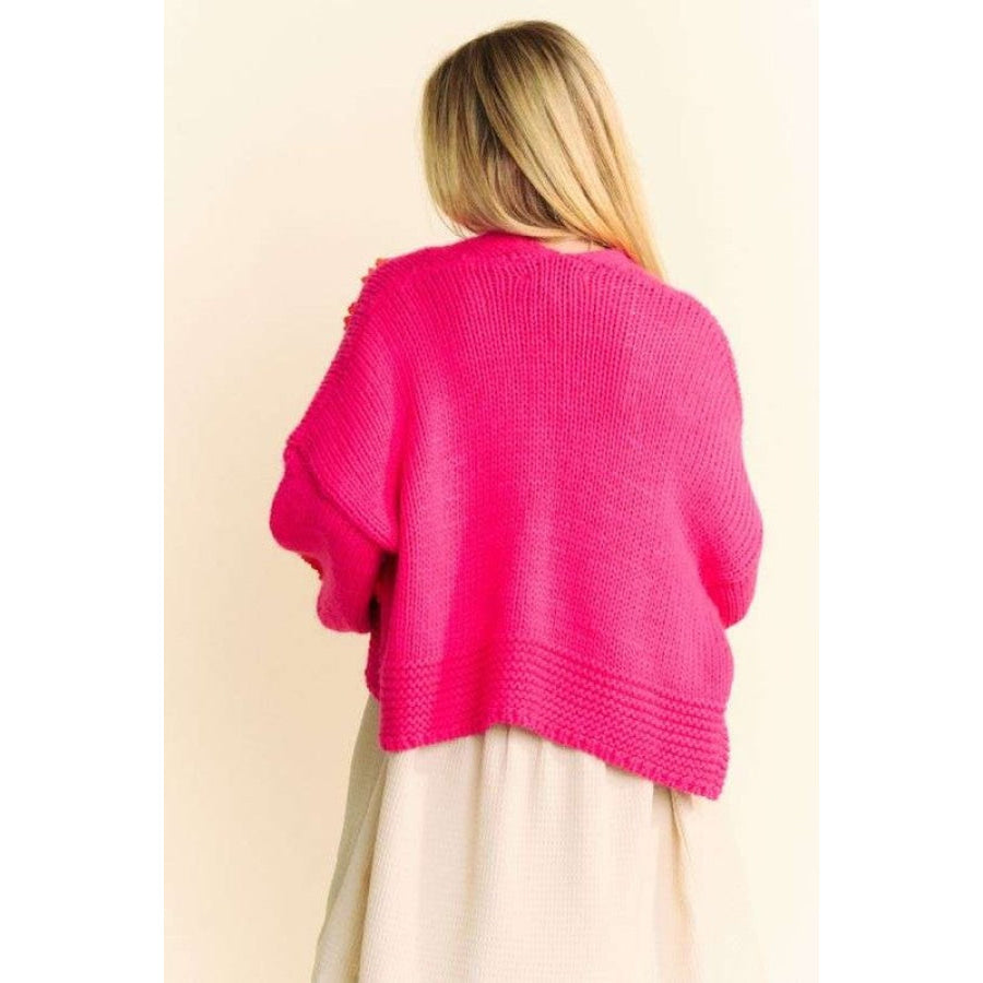 Davi & Dani Floral Applique Open Front Drop Shoulder Cardigan Hot Pink / S Apparel and Accessories