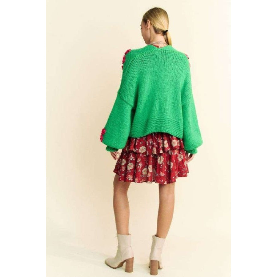 Davi & Dani Floral Applique Open Front Drop Shoulder Cardigan Green / S Apparel and Accessories