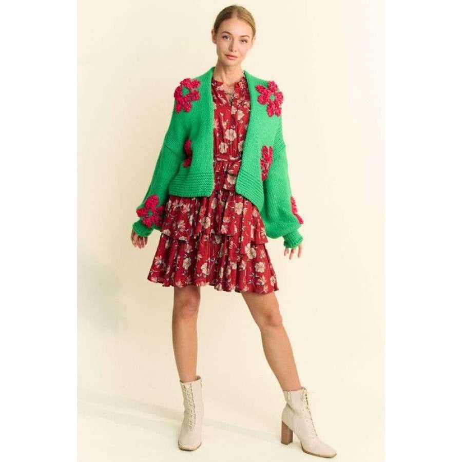 Davi &amp; Dani Floral Applique Open Front Drop Shoulder Cardigan Green / S Apparel and Accessories