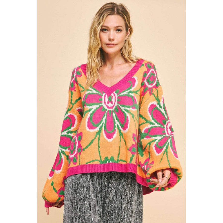 Davi & Dani Floral Contrast V-Neck Dropped Shoulder Sweater Neon Orange Multicolor / S Apparel and Accessories