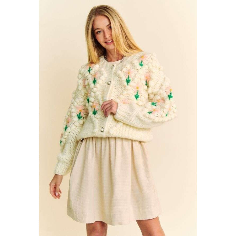 Davi &amp; Dani Floral Pattern Button Down Cardigan Cream / S/M Apparel and Accessories