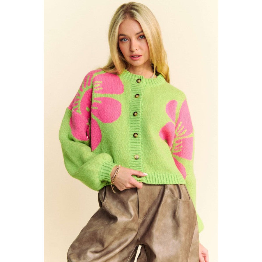 Davi &amp; Dani Flower Contrast Round Neck Long Sleeve Cardigan Lime / S Apparel and Accessories