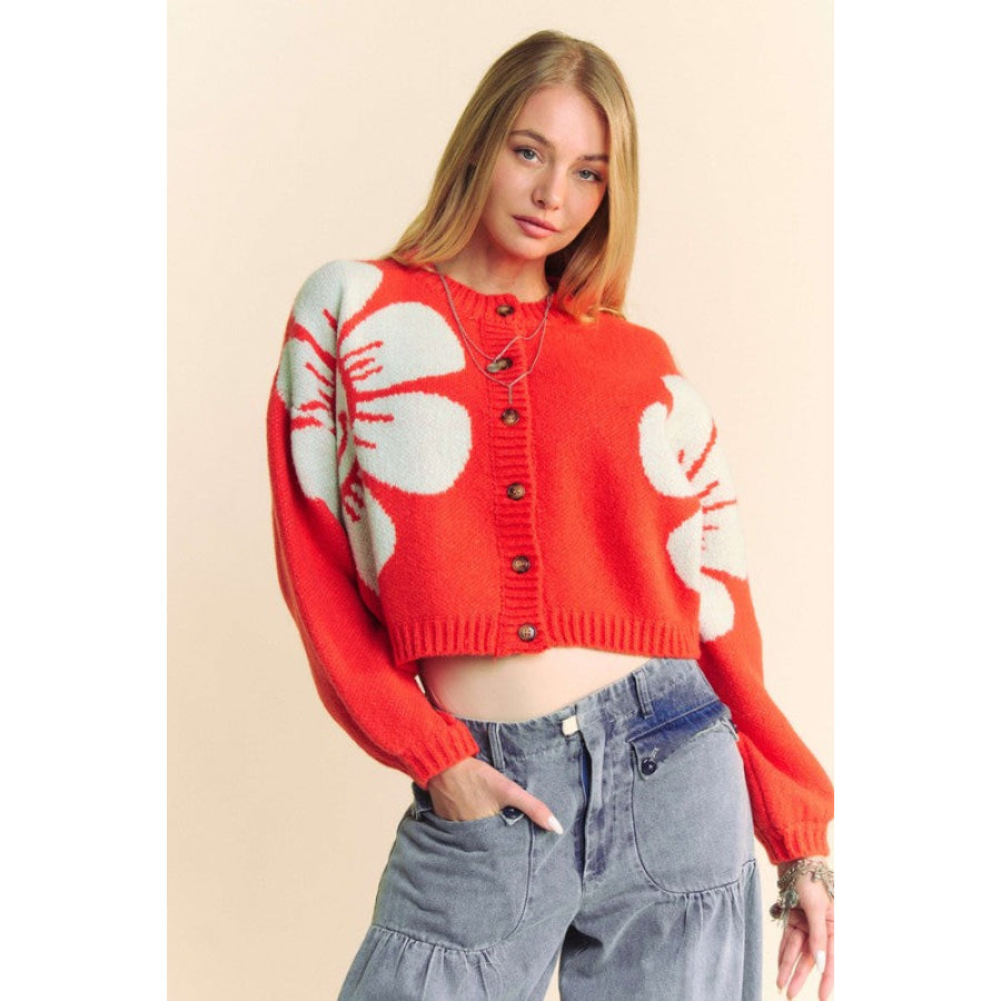 Davi &amp; Dani Flower Contrast Round Neck Long Sleeve Cardigan Orange / S Apparel and Accessories