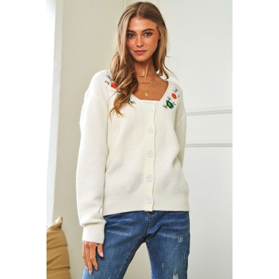 Davi &amp; Dani Flower Embroidered Button Up Long Sleeve Cardigan White / S Apparel and Accessories