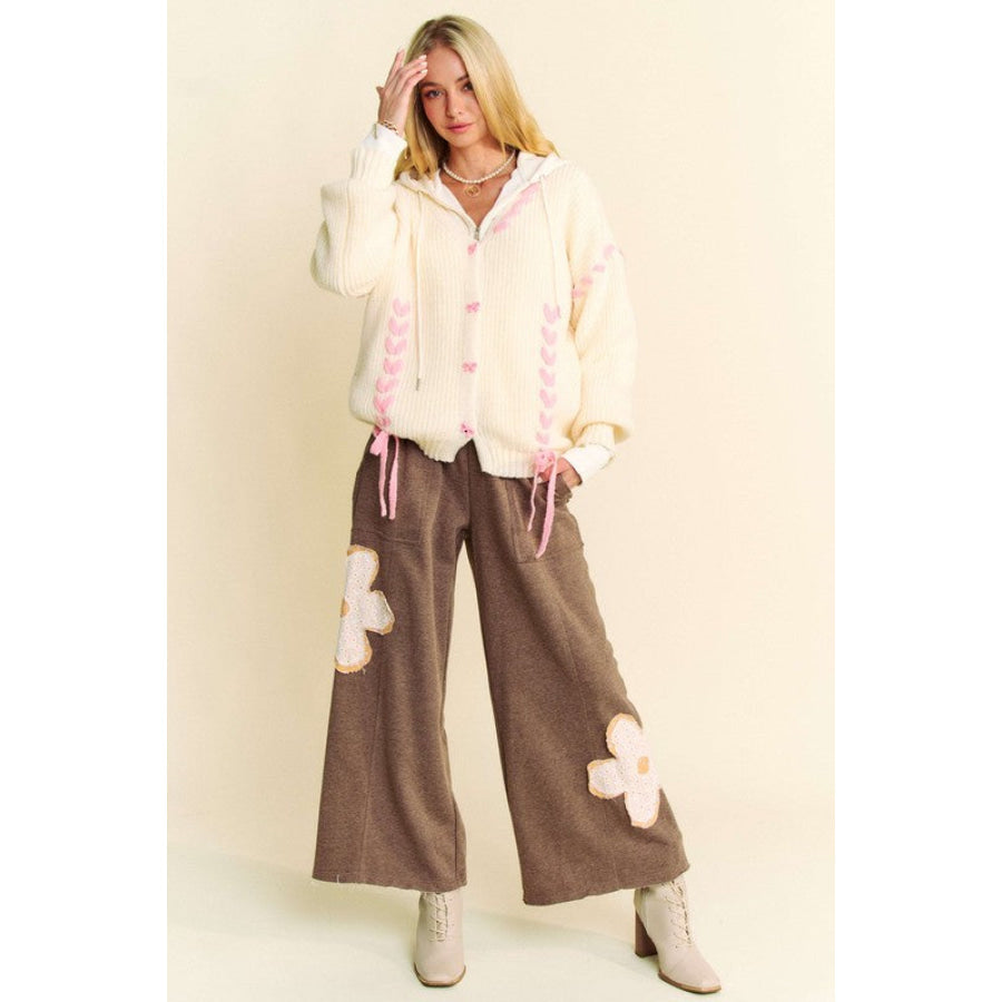 Davi & Dani Flower Patch Elastic Waist Wide Leg Pants Apparel and Accessories