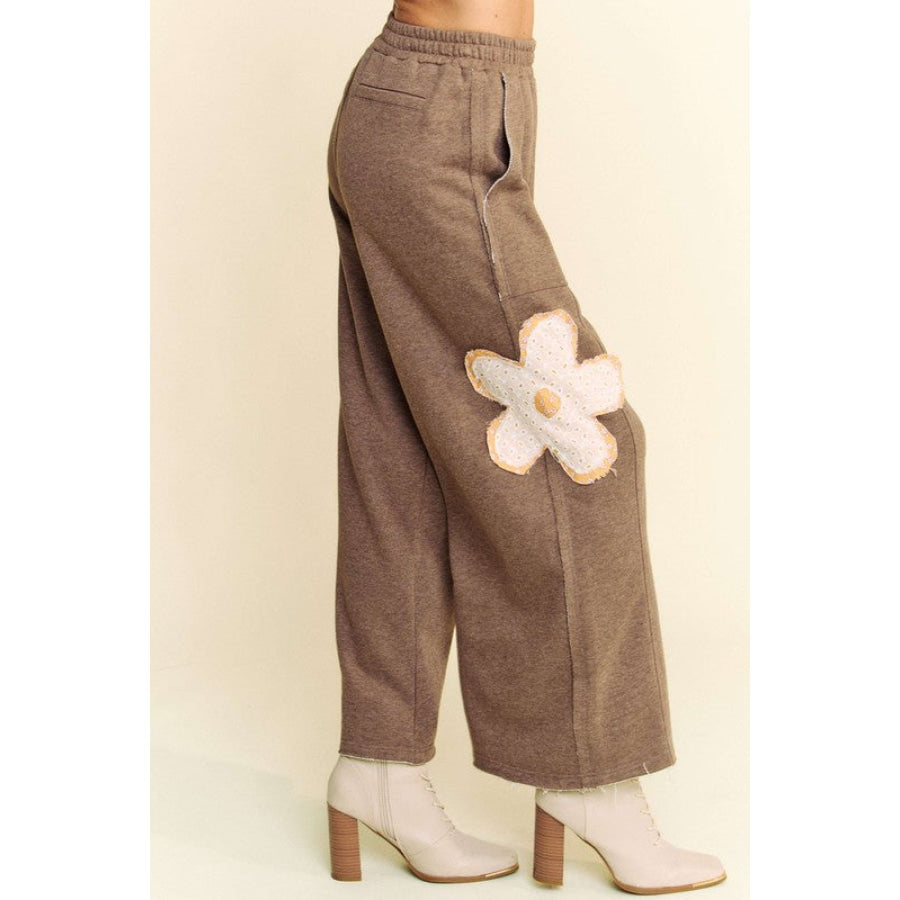 Davi & Dani Flower Patch Elastic Waist Wide Leg Pants Apparel and Accessories