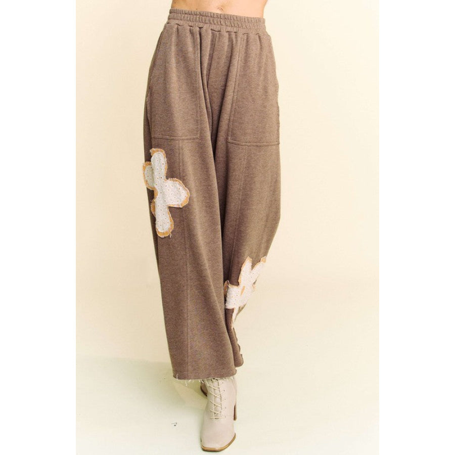 Davi & Dani Flower Patch Elastic Waist Wide Leg Pants Apparel and Accessories
