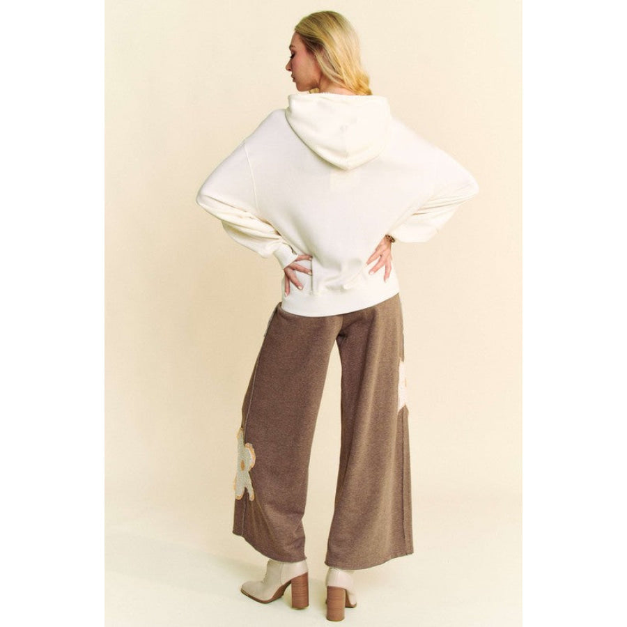 Davi & Dani Flower Patch Elastic Waist Wide Leg Pants Apparel and Accessories