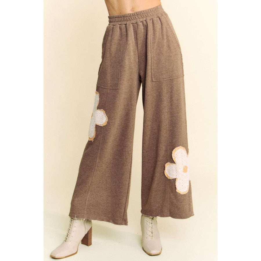 Davi & Dani Flower Patch Elastic Waist Wide Leg Pants Mocha / S Apparel and Accessories