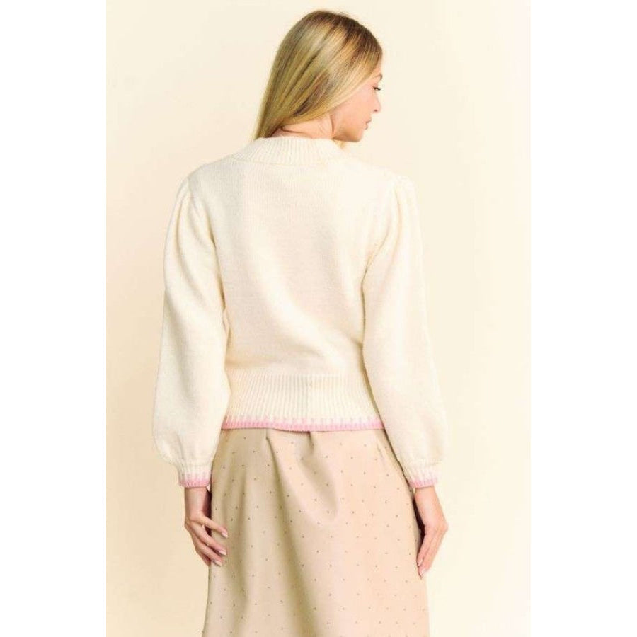 Davi & Dani Flower Patch Fuzzy Mock Neck Sweater Ivory / S Apparel and Accessories