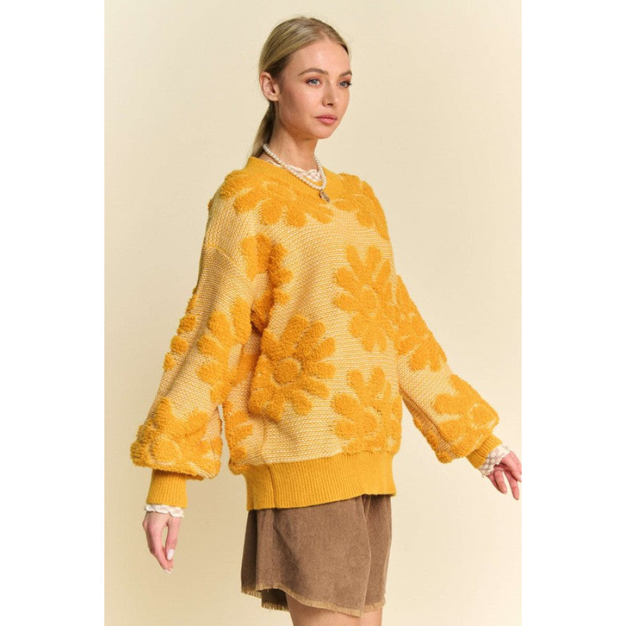 Davi & Dani Flower Texture Round Neck Dropped Shoulder Sweater Apparel and Accessories