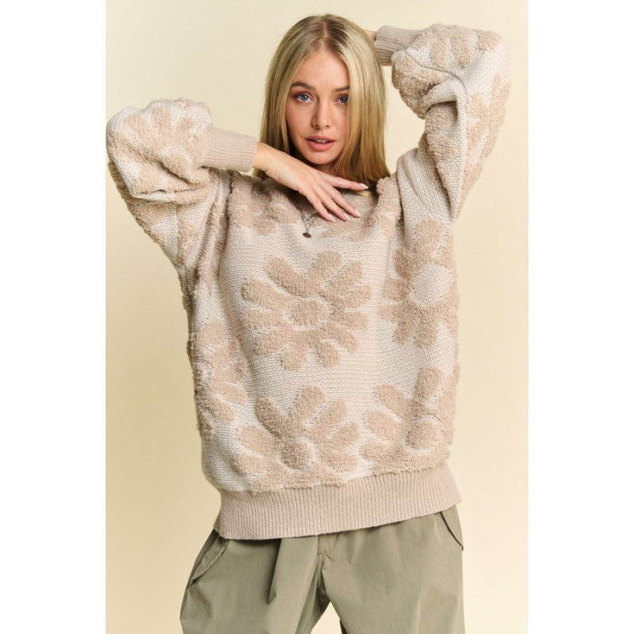 Davi &amp; Dani Flower Texture Round Neck Dropped Shoulder Sweater Beige / S Apparel and Accessories