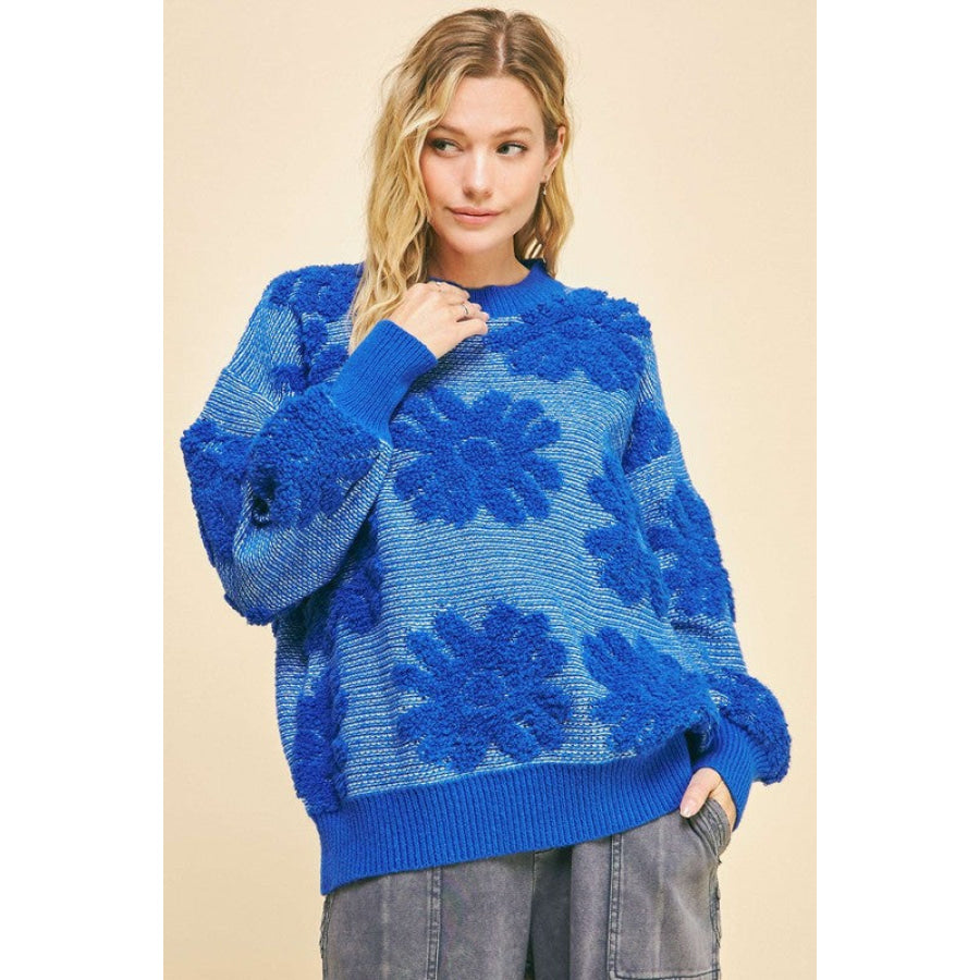 Davi &amp; Dani Flower Texture Round Neck Dropped Shoulder Sweater Blue / S Apparel and Accessories