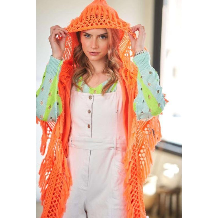 Davi &amp; Dani Fringe Detail Vest Poncho Hoodies Cover-Up Kimono Neon Orange / S Kimonos