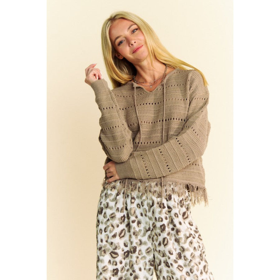 Davi & Dani Fringe Hem Openwork Drop Shoulder Knit Top Taupe / S Apparel and Accessories