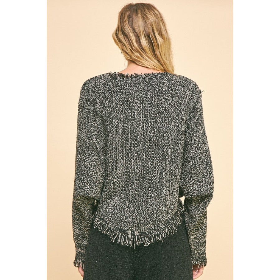 Davi &amp; Dani Fringe Hem Overlapping Asymmetrical Crop Sweater Apparel and Accessories