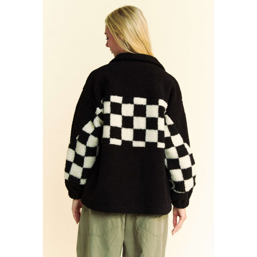 Davi & Dani Full Size Checkered Snap Down Faux Fur Jacket Black / S Apparel and Accessories