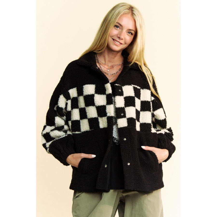 Davi &amp; Dani Full Size Checkered Snap Down Faux Fur Jacket Black / S Apparel and Accessories