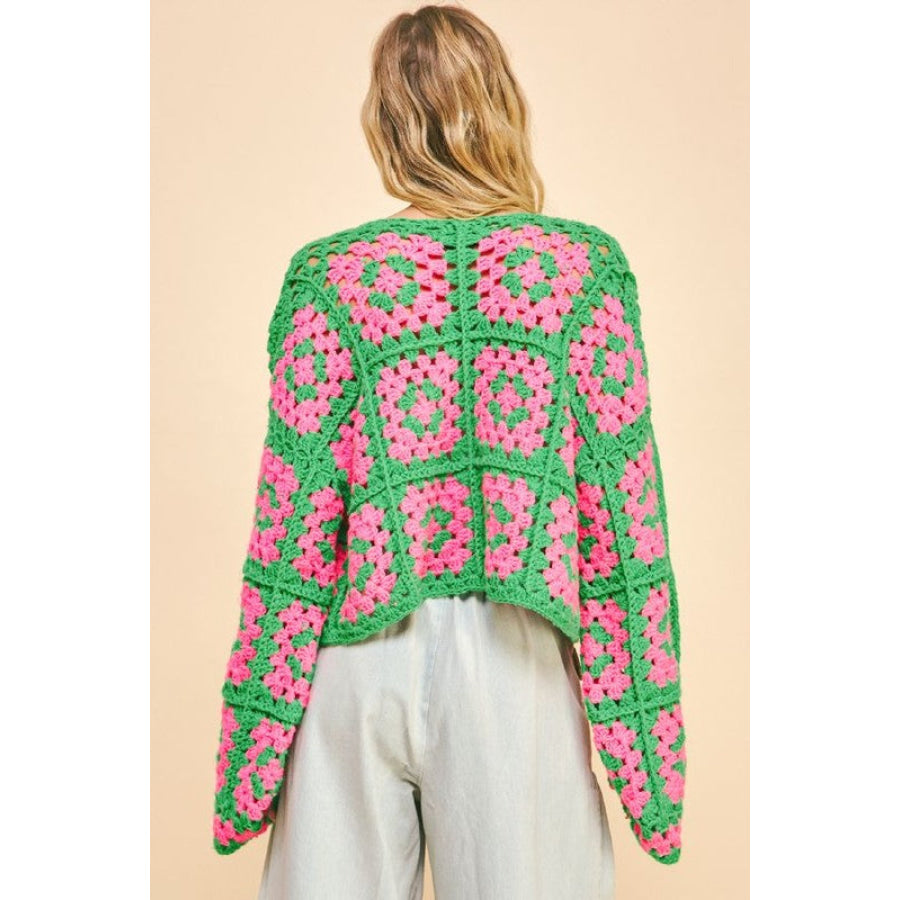 Davi &amp; Dani Full Size Two Tone Flower Square Crochet Open Front Cardigan Apparel and Accessories