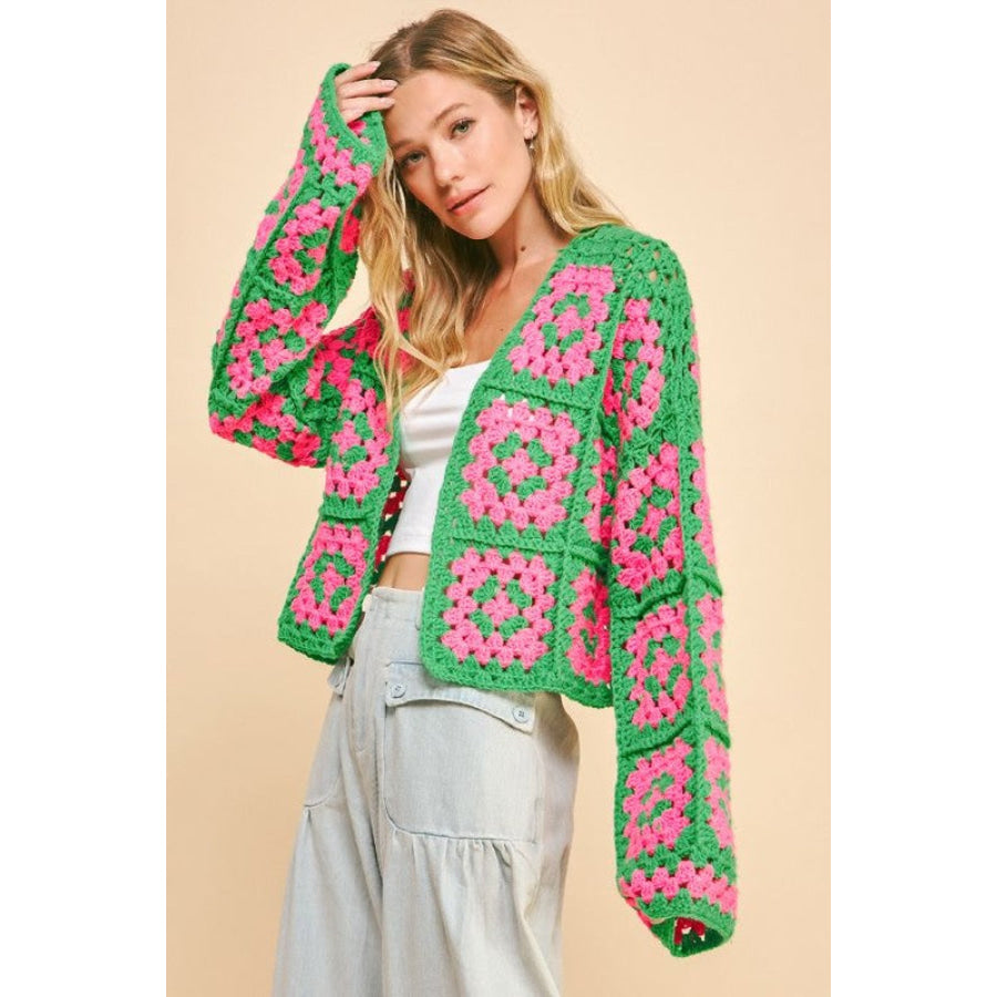 Davi &amp; Dani Full Size Two Tone Flower Square Crochet Open Front Cardigan PINK GREEN / S Apparel and Accessories