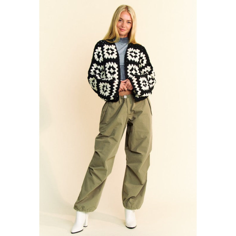 Davi &amp; Dani Full Size Two Tone Flower Square Crochet Open Front Cardigan WHITE BLACK / S Apparel and Accessories