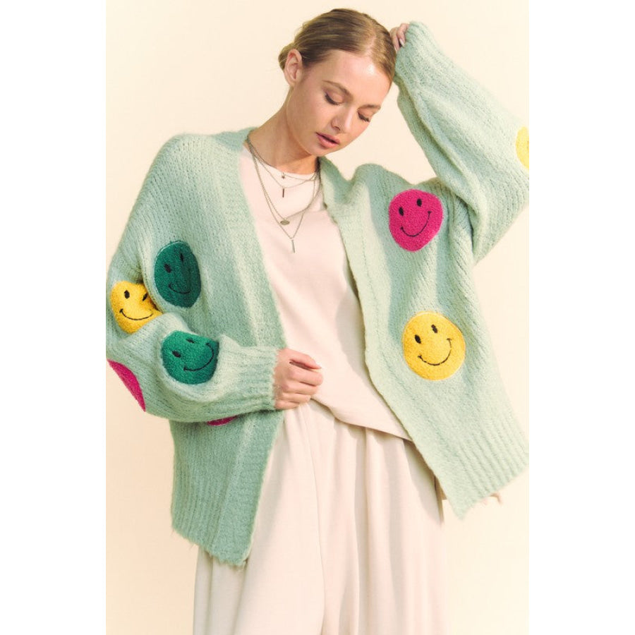 Davi &amp; Dani Fuzzy Smile Open Front Long Sleeve Cardigan Sage / S Apparel and Accessories