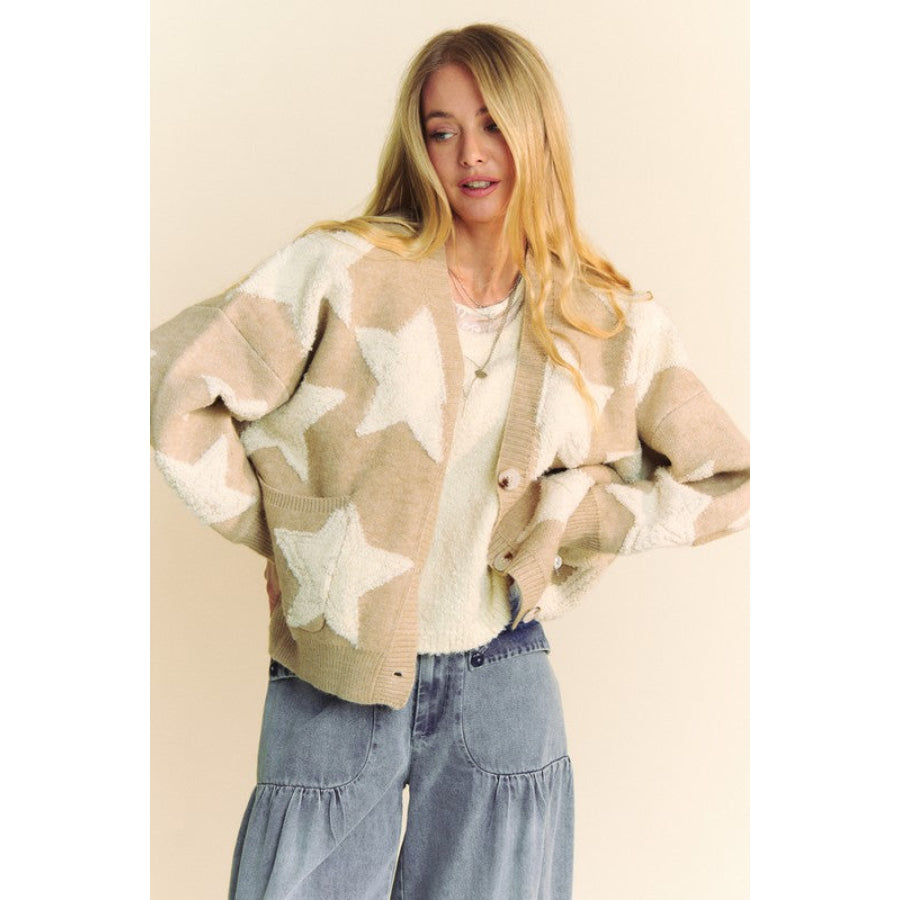 Davi &amp; Dani Fuzzy Star Button Down Cardigan Oatmeal / S Apparel and Accessories