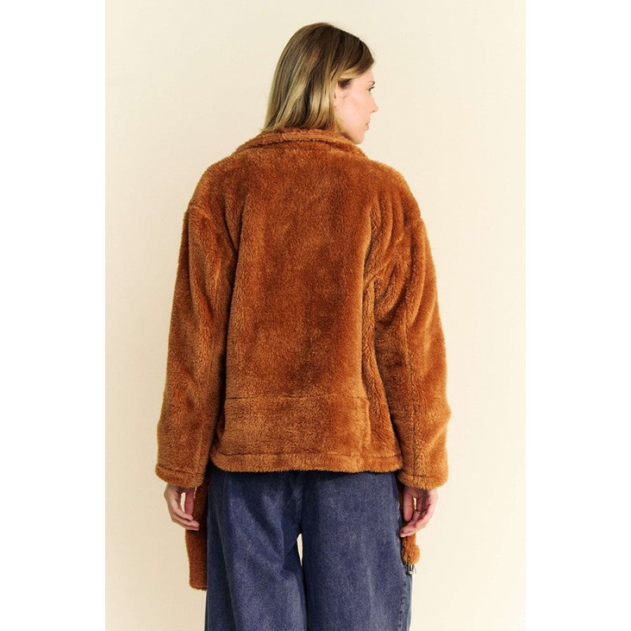 Davi & Dani Fuzzy Zip Up Collared Neck Jacket Brown / S Apparel and Accessories