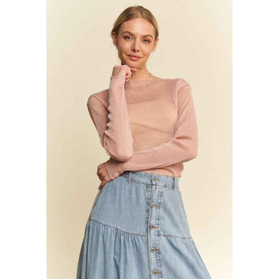Davi & Dani Glitter Mesh Lettuce Hem Long Sleeve Top Apparel and Accessories