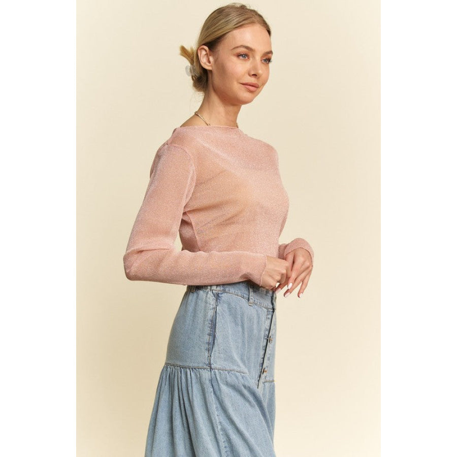 Davi & Dani Glitter Mesh Lettuce Hem Long Sleeve Top Apparel and Accessories