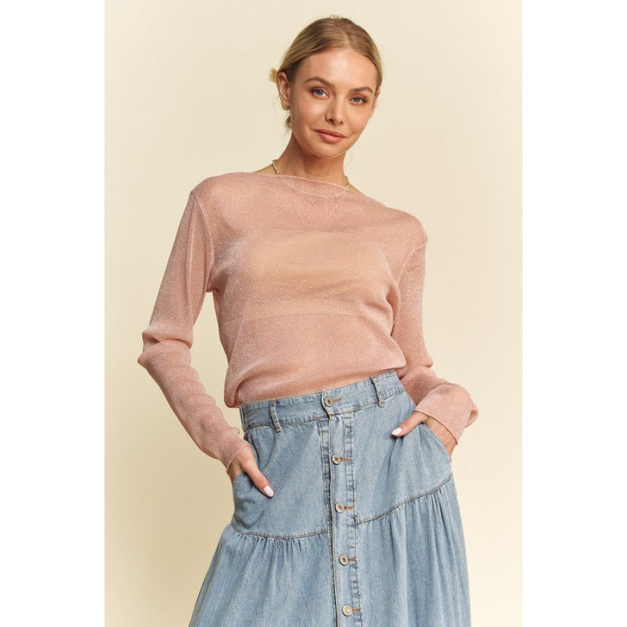 Davi & Dani Glitter Mesh Lettuce Hem Long Sleeve Top Dusty Pink / S Apparel and Accessories