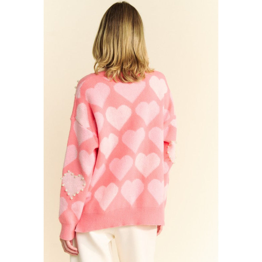 Davi & Dani Heart Pearl Side Slit V Neck Sweater Pink Multicolor / S Apparel and Accessories