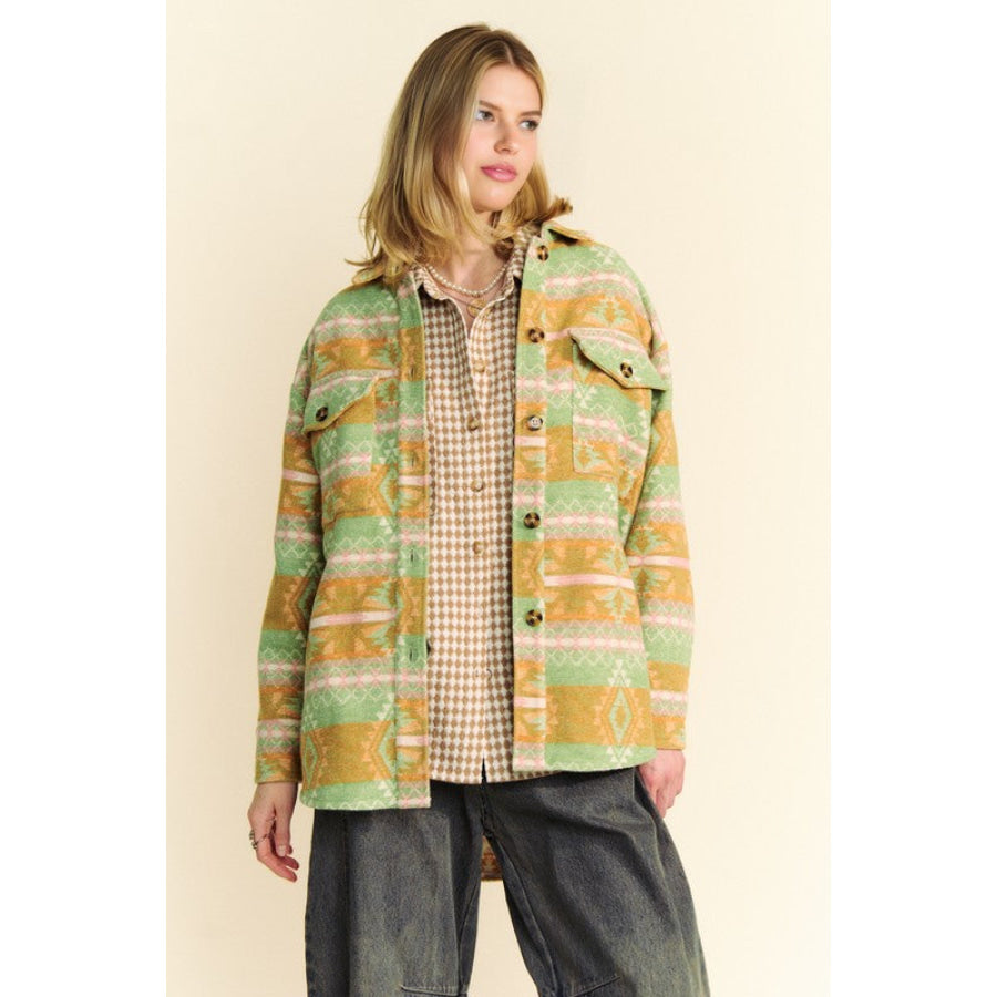 Davi & Dani High-Low Geometric Long Sleeve Shacket with Pockets Apparel and Accessories