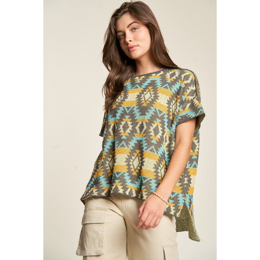 Davi & Dani High-Low Geometric Round Neck Knit Top Apparel and Accessories